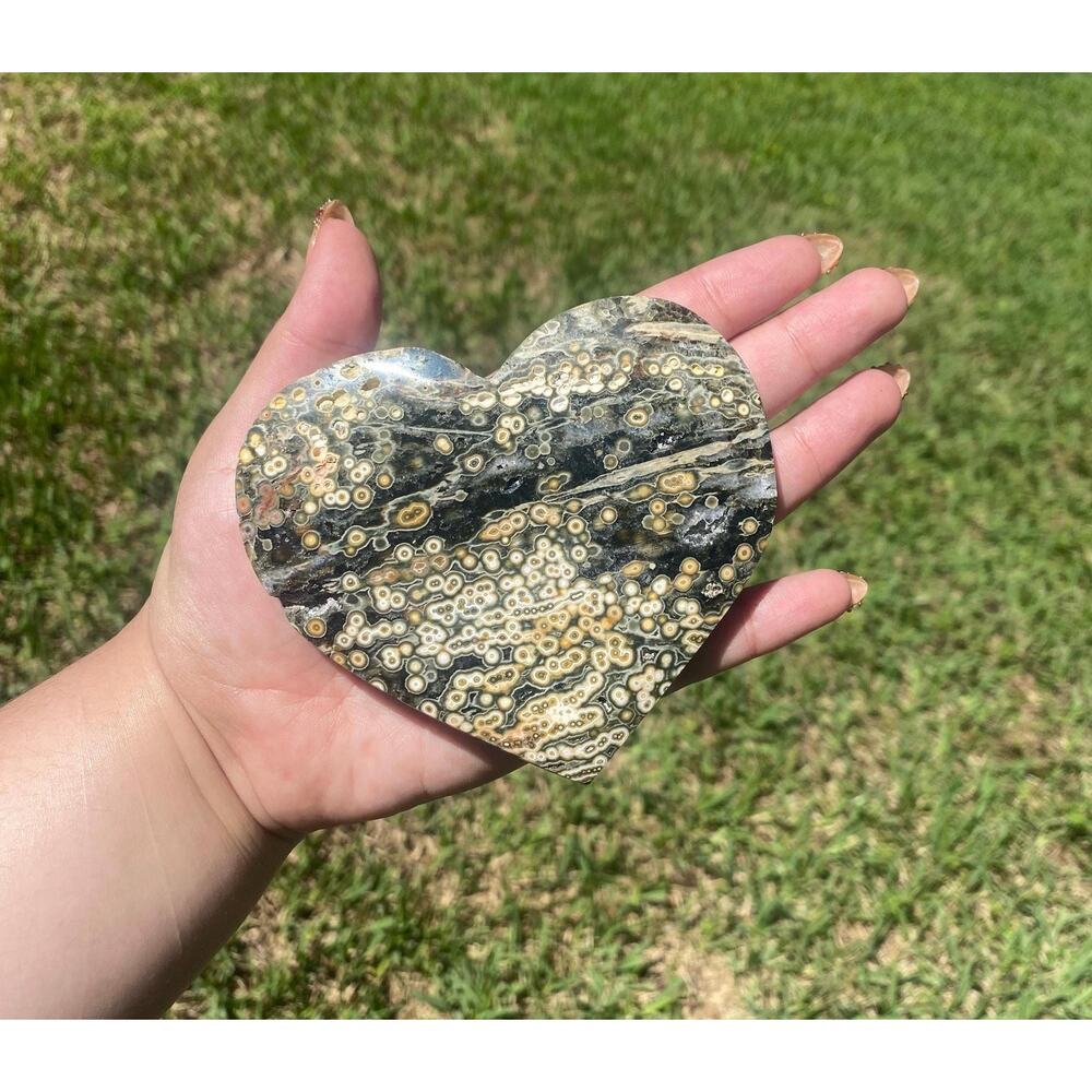 8th Vein Ocean Jasper Heart Carving , Large 222 g , Unique Orbicular Sea Jasper